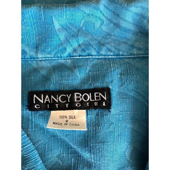 Nancy Bolen Womens Textured Blue Silk Button Down shirt Size M - Picture 8 of 12
